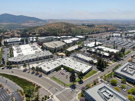 Aerial view to industrial zone and company office, storage warehouse in Rancho Bernardo Executive Center, California, USA.