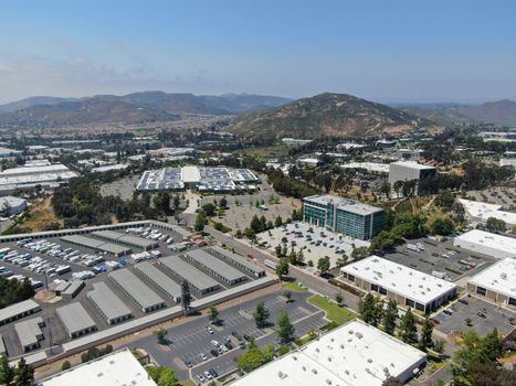 Aerial view to industrial zone and company office, storage warehouse in Rancho Bernardo Executive Center, California, USA.