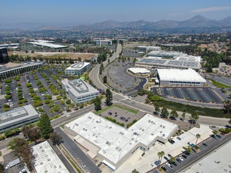 Aerial view to industrial zone and company office, storage warehouse in Rancho Bernardo Executive Center, California, USA.