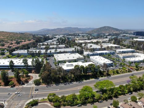 Aerial view to industrial zone and company office, storage warehouse in Rancho Bernardo Executive Center, California, USA.