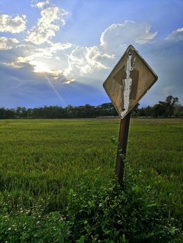 Old turning left traffic signs with grass covering the ground on the sky background, concept way to heaven or success.