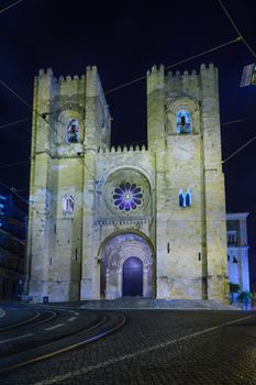 Night view of the Cathedral (Se) in Lisbon, Portugal