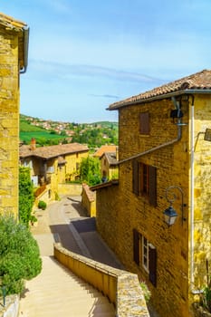 Street in the medieval village Oingt, in Beaujolais, Rhone department, France