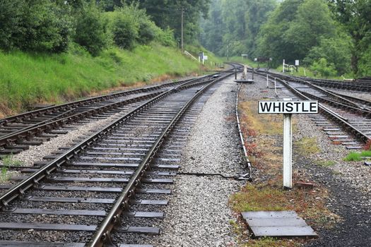 The view along the railway track on the historic Keighley and Worth Valley Railway in Northern England.