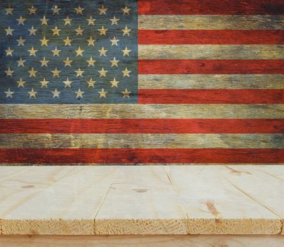 wooden table on USA flag background celebrate American Independence Day of 4th July