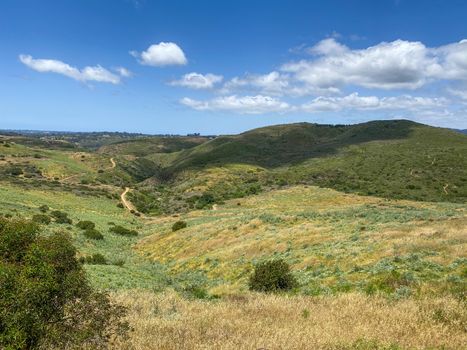 Aerial view of Los Penasquitos Canyon Preserve. Urban park with trails and river in San Diego, California. USA