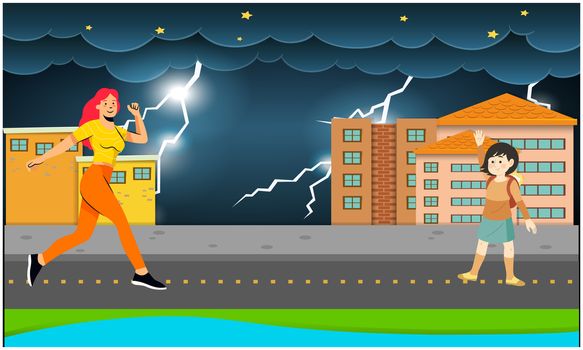 mother is taking care of her daughter in thunderstorm