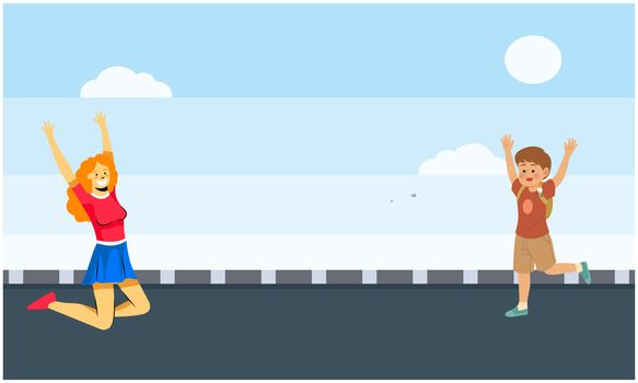 mother is playing with her son on the road