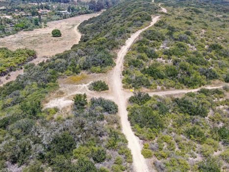 Aerial view of of small dry rocky trails in the mountain, San Diego, California, USA