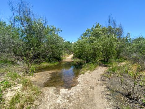 Small dusty trails with little water stream river in the valley, California, USA
