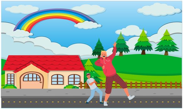 boy is dancing with his father on the road
