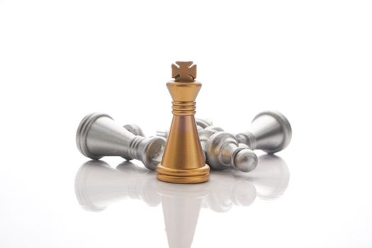 King of chess or Chess King with reflection glass on white background. Chess game, business, competition, leadership and success concept