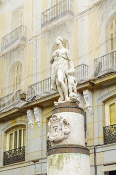 The Mariblanca statue, dated 17th century, in Puerta del Sol square, Madrid, Spain