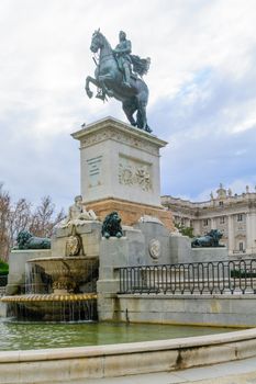 The Monument to Philip IV or Fountain of Philip IV, dated to the first half of the 19th century, in Plaza de Oriente, Madrid, Spain