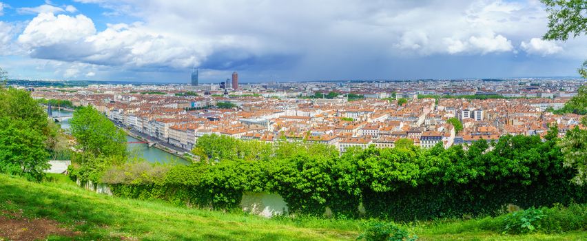 Panorama of the Saone River and the city center, viewed from the Abbe Larue gardens, in Lyon, France