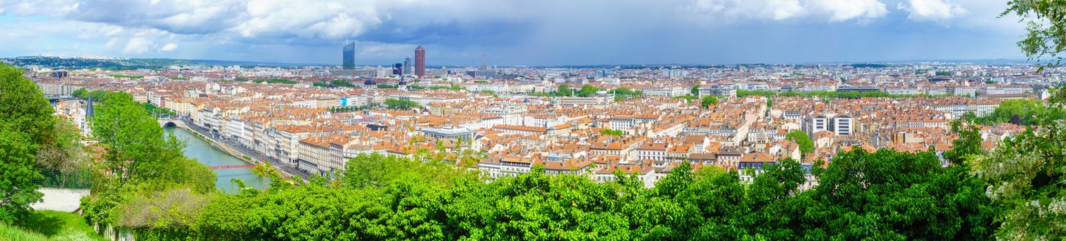 Panorama of the Saone River and the city center, viewed from the Abbe Larue gardens, in Lyon, France