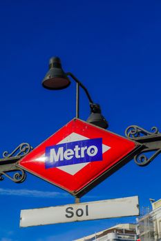 The Sol metro station sign, in Puerta del Sol square, Madrid, Spain