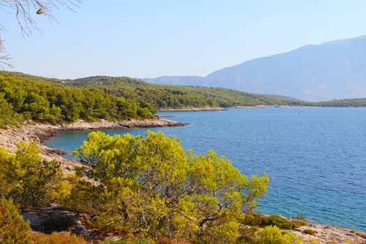 Turquoise sea water of beach ans mountains, Sumartin, Brac island, Croatia