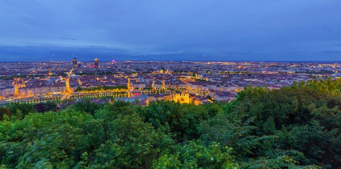 The Saint-Jean cathedral, Saone River and the city center, at evening, in Lyon, France