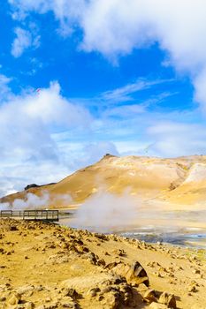 The hot springs in Hverarond, with paragliders, near Lake Myvatn. Northeast Iceland