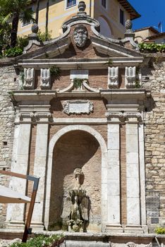 todi,italy june 20 2020 :square Fonte Cesia with its fountain built with columns and stone