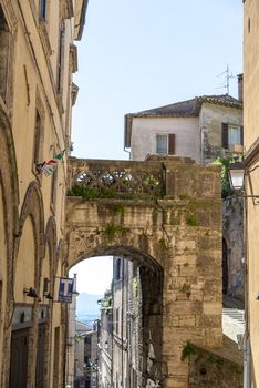 todi,italy june 20 2020 :architecture of the buildings in the village of todi between churches and glimpses of streets