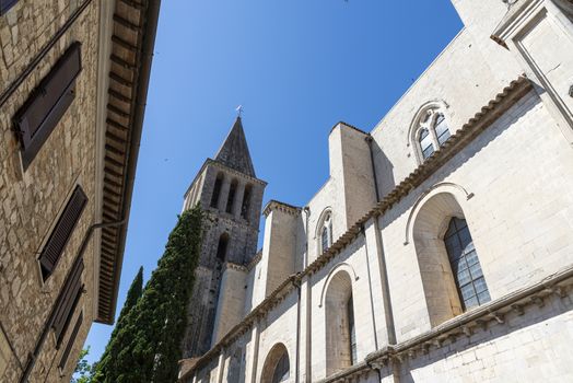 todi,italy june 20 2020 : temple of san fortunate in todi large bell tower and large staircase