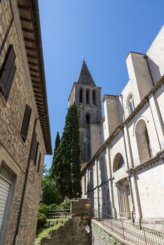 todi,italy june 20 2020 : temple of san fortunate in todi large bell tower and large staircase