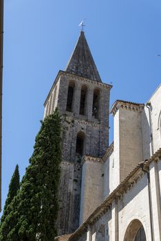 todi,italy june 20 2020 : temple of san fortunate in todi large bell tower and large staircase