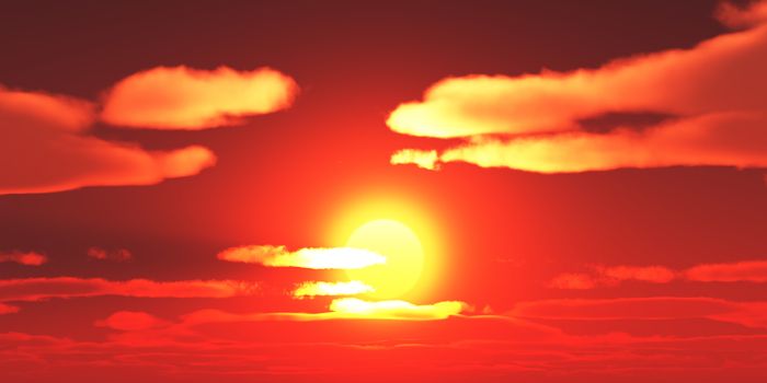 Big sun sky at beautiful sunset, 3d illustration