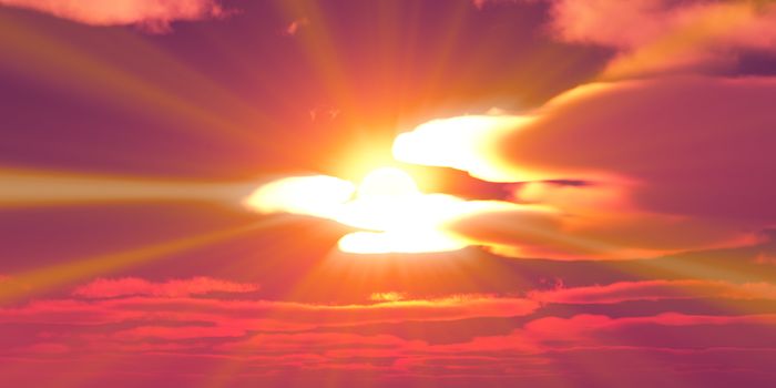 Big sun sky at beautiful sunset, 3d illustration