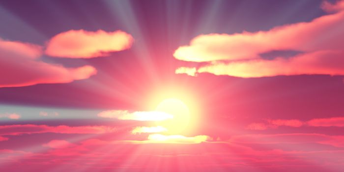 Big sun sky at beautiful sunset, 3d illustration