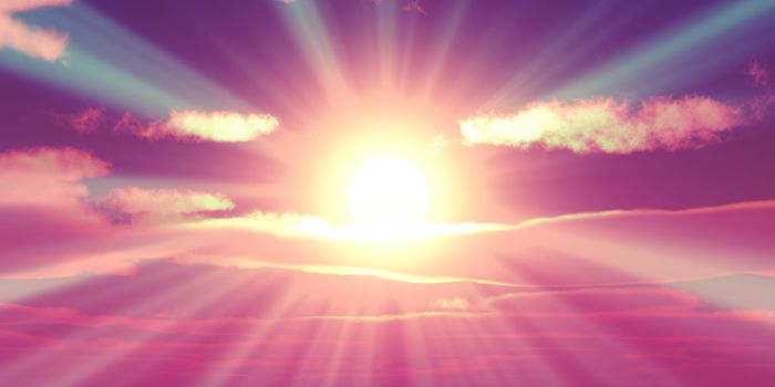 Big sun sky at beautiful sunset, 3d illustration