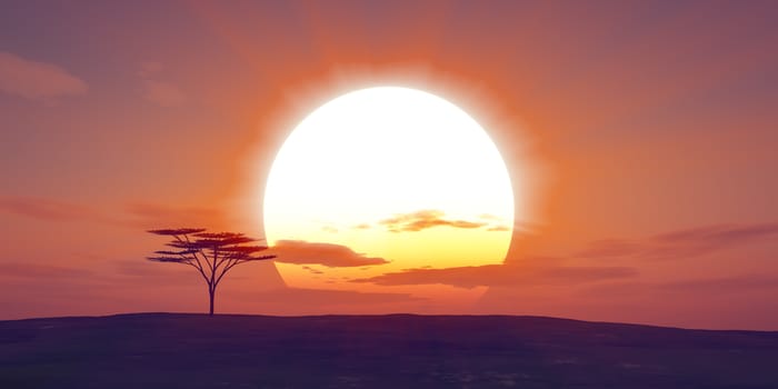 big sun sunset tree landscape, 3d illustrations