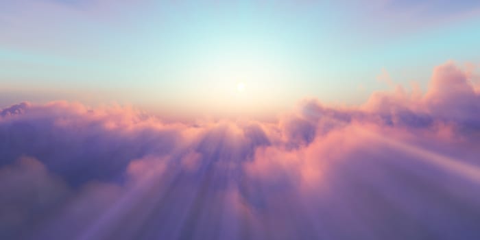 Beautiful aerial view above clouds with sunset. 3d illustration