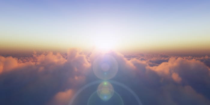 Beautiful aerial view above clouds with sunset. 3d illustration