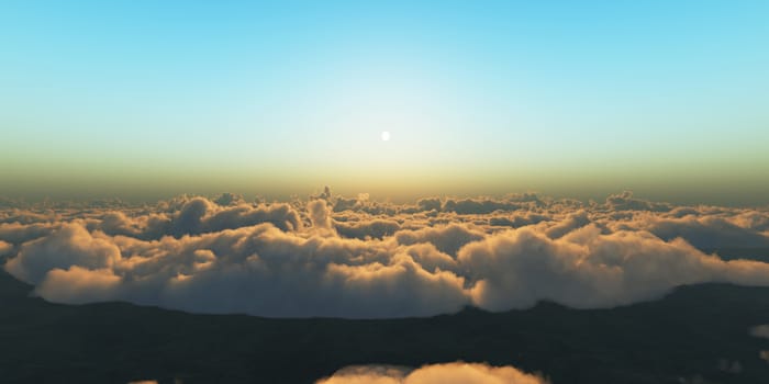 Beautiful aerial view above clouds with sunset. 3d illustration