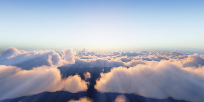 Beautiful aerial view above clouds with sunset. 3d illustration