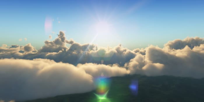 Beautiful aerial view above clouds with sunset. 3d illustration