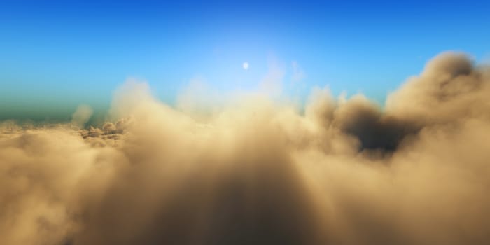 Beautiful aerial view above clouds with sunset. 3d illustration