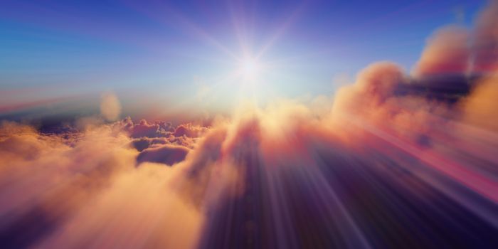 Beautiful aerial view above clouds with sunset. 3d illustration