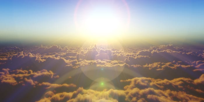 Beautiful aerial view above clouds with sunset. 3d illustration