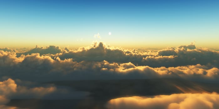 Beautiful aerial view above clouds with sunset. 3d illustration