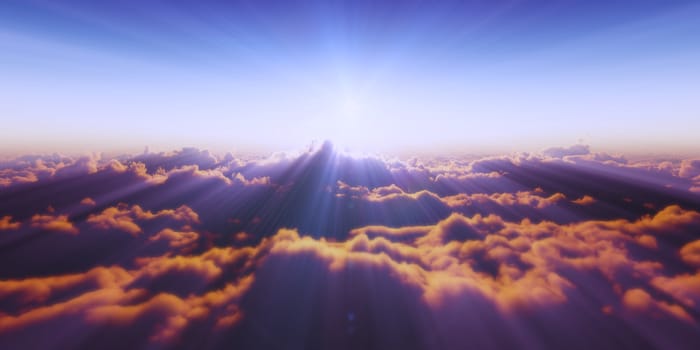 Beautiful aerial view above clouds with sunset. 3d illustration