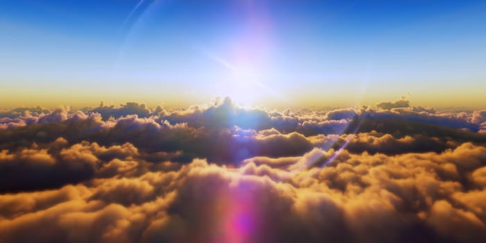 Beautiful aerial view above clouds with sunset. 3d illustration