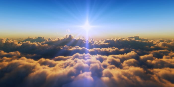 Beautiful aerial view above clouds with sunset. 3d illustration