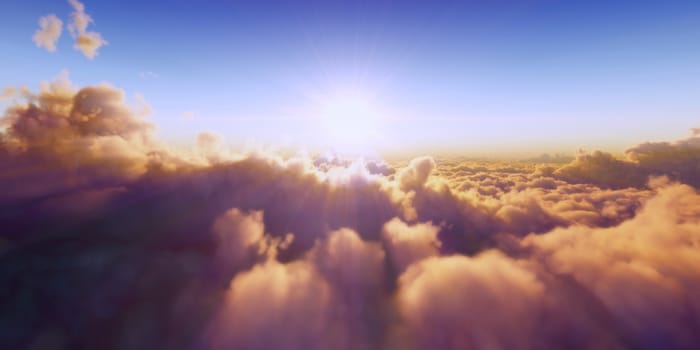 Beautiful aerial view above clouds with sunset. 3d illustration