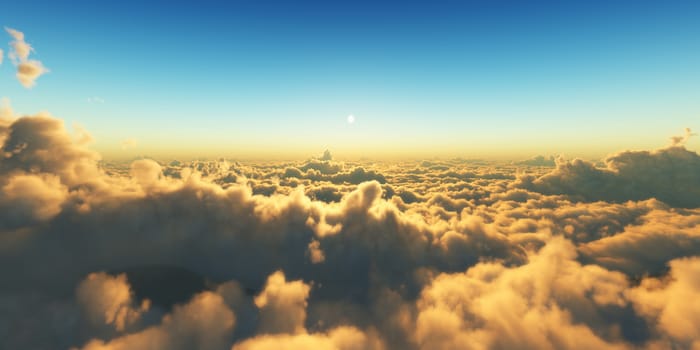 Beautiful aerial view above clouds with sunset. 3d illustration