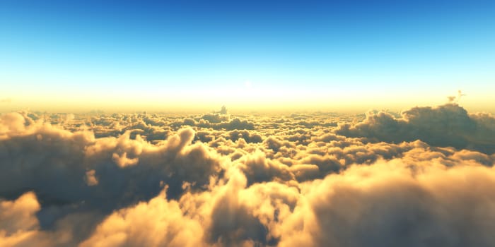 Beautiful aerial view above clouds with sunset. 3d illustration