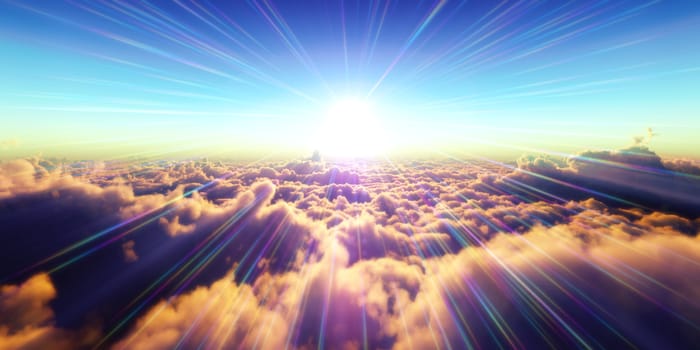 Beautiful aerial view above clouds with sunset. 3d illustration